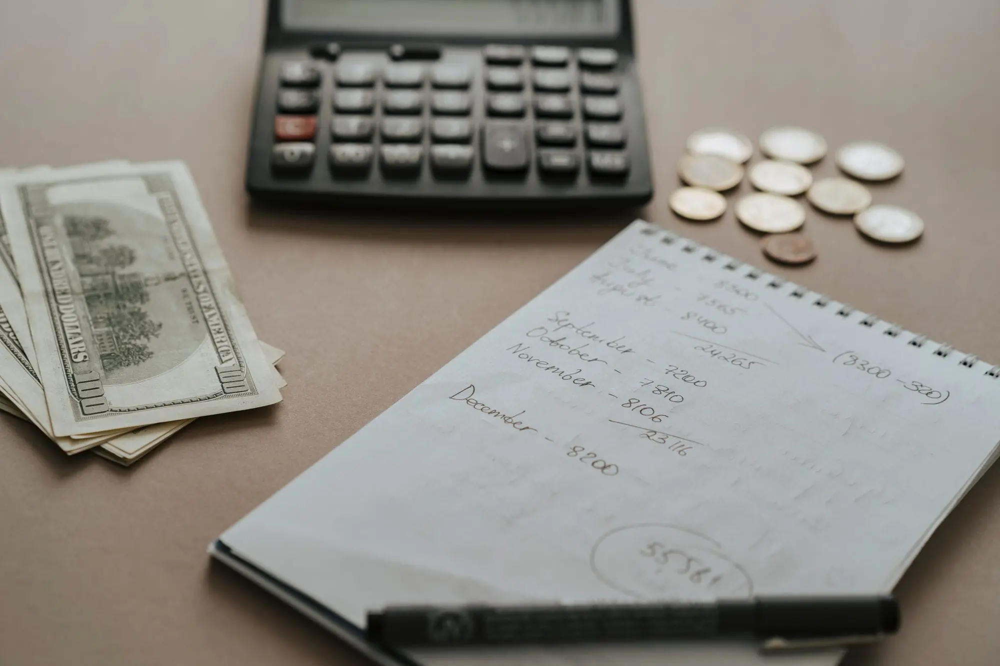 Calculator, banknotes, coins and a handwritten budget on a notepad