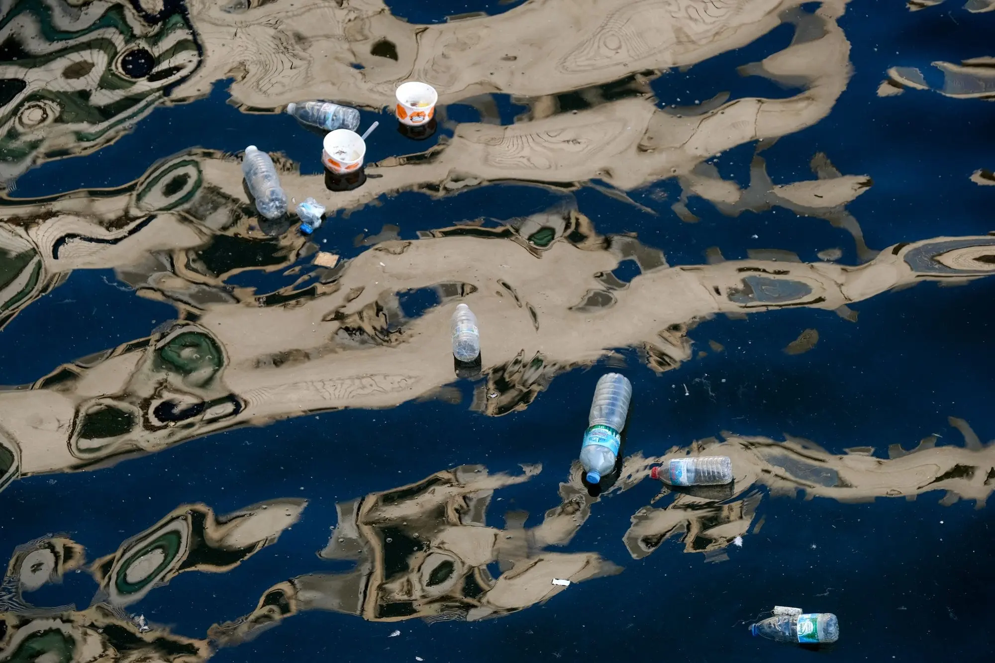 Plastic bottles floating on polluted water