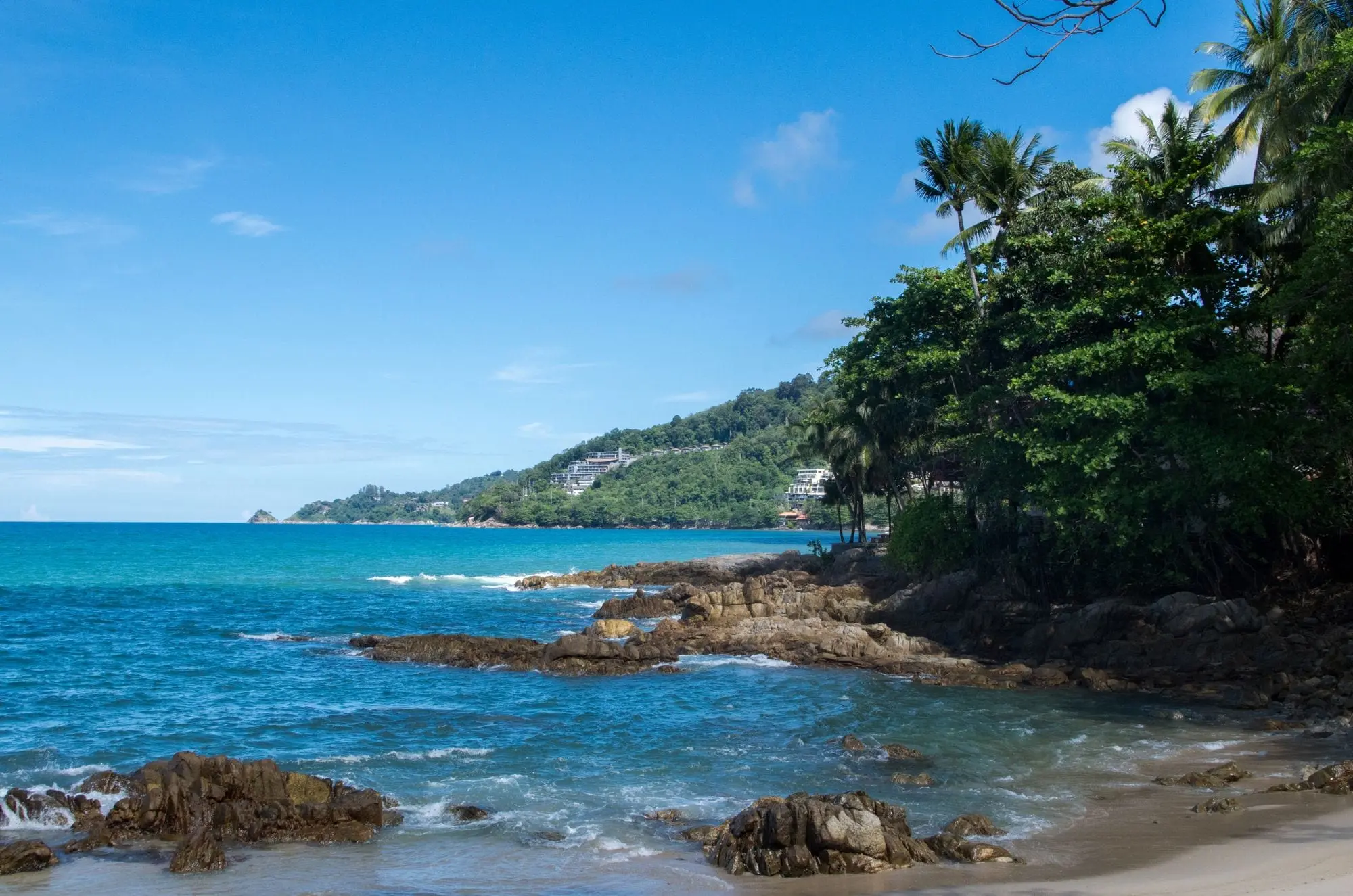 Rocky shoreline with palm trees and turquoise sea on the west coast of Phuket