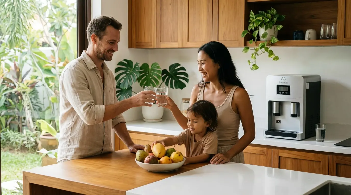A family in a Thai kitchen raising glasses of water next to a Minairal countertop system