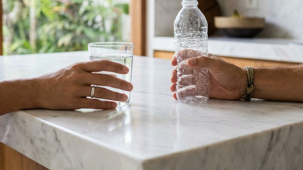 Two hands on a marble table, one holding a glass of water, the other a plastic bottle