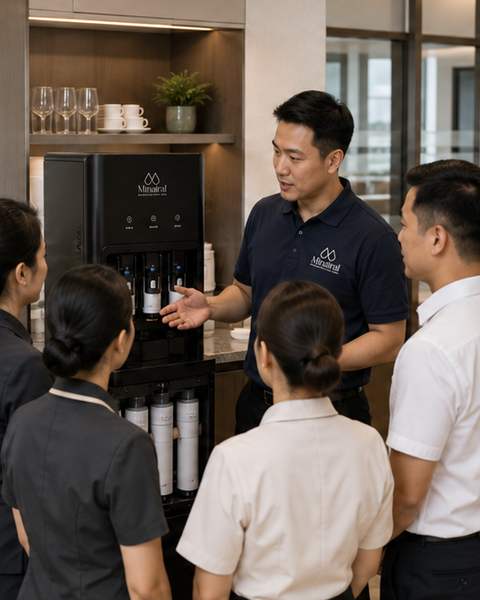 A Minairal technician training hotel staff on an installed system