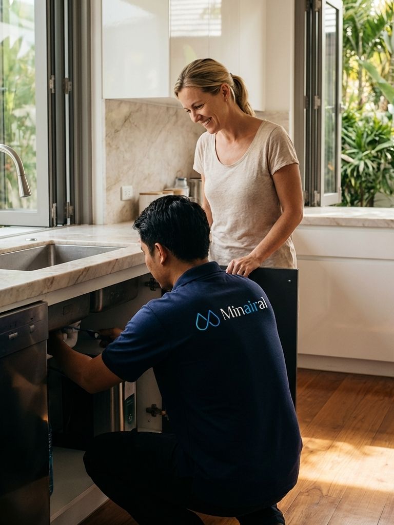 A Minairal technician installing a system in a client kitchen