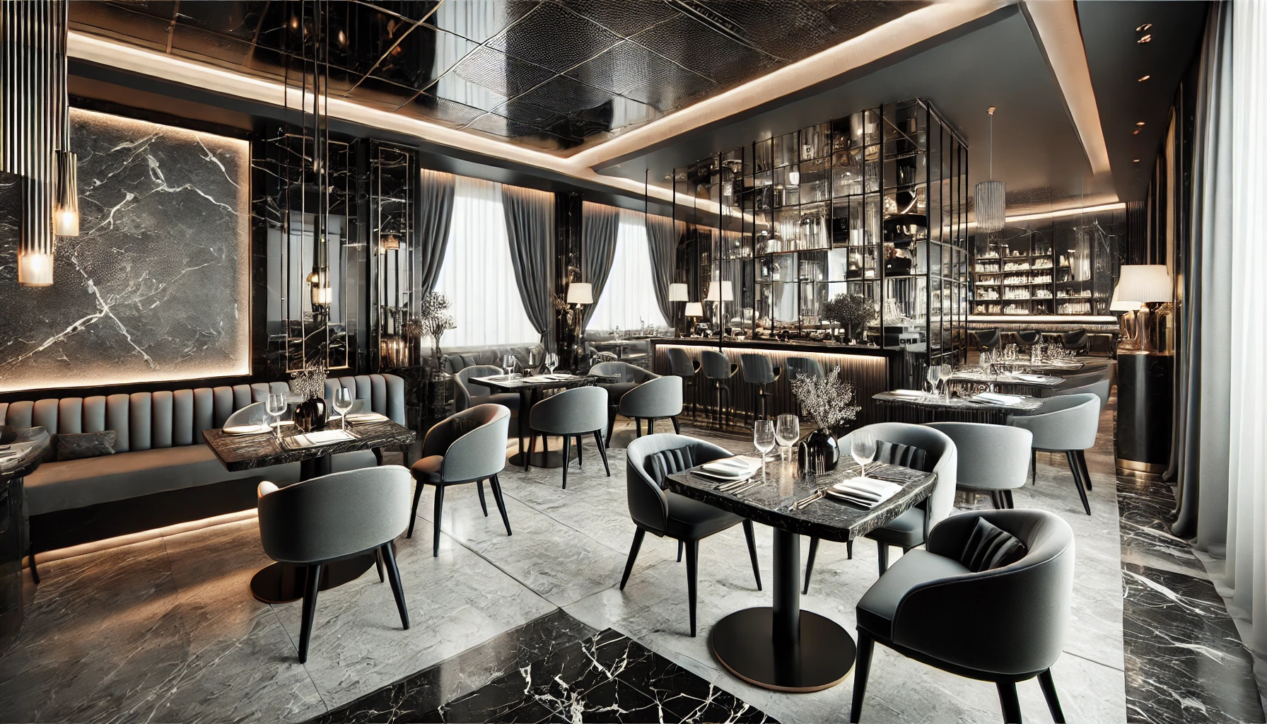 DALL·E 2025-01-26 11.32.38 - A luxurious and sophisticated restaurant interior with a monochrome theme in black, grey, and silver tones. The design features sleek marble tables, p