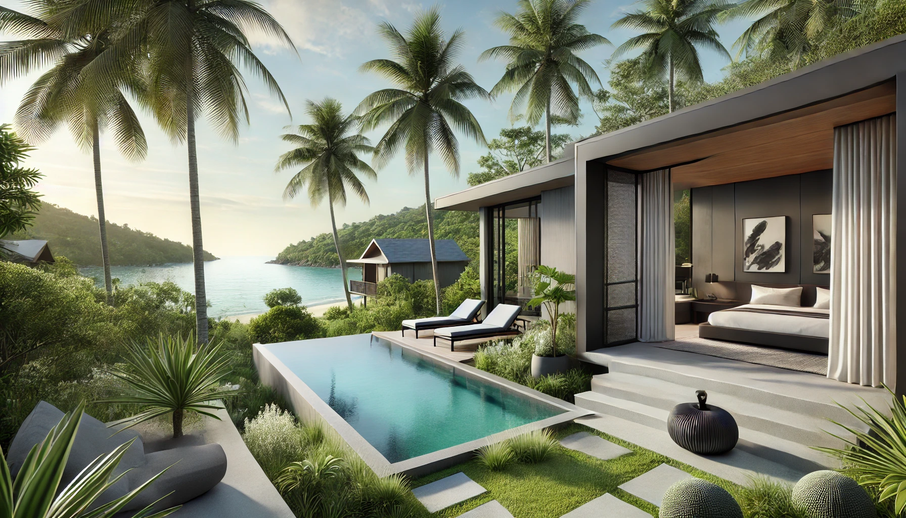 DALL·E 2025-01-26 14.03.11 - A modern tropical villa inspired by Ko Pha Ngan or Ko Samui with a relaxed and approachable design. The villa includes a private pool overlooking a se